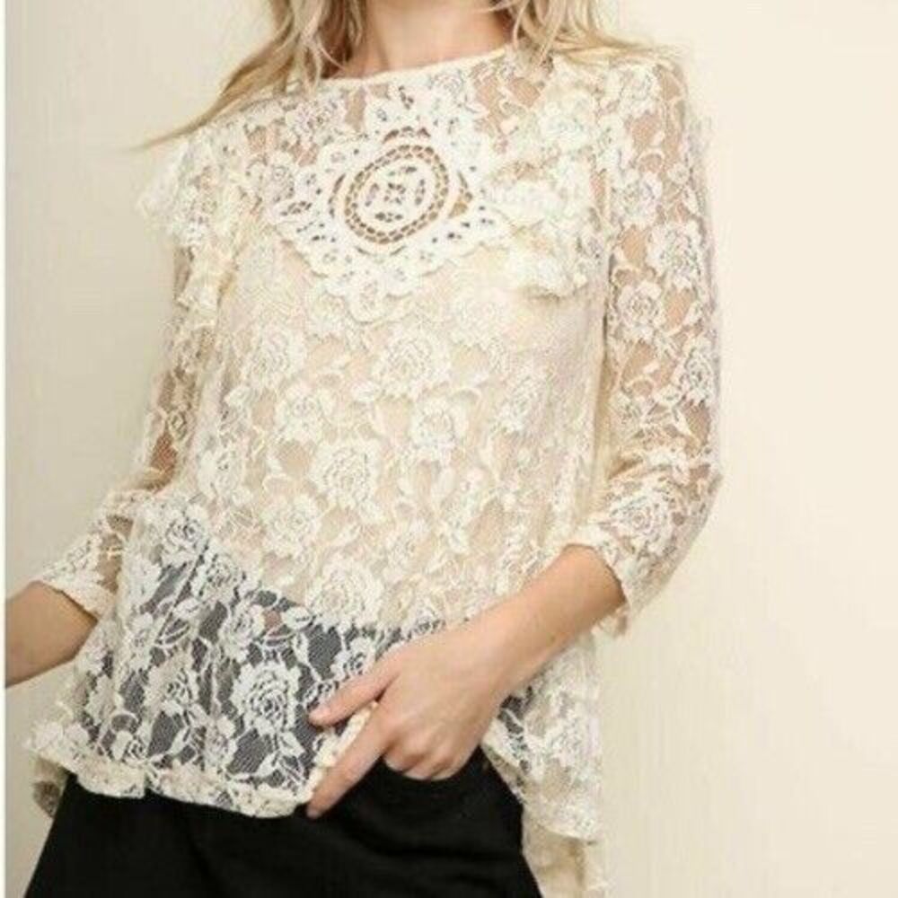 Umgee Cottagecore Lacy Top Ivory Fairycore Semi Sheer Boho Festival Sz Large